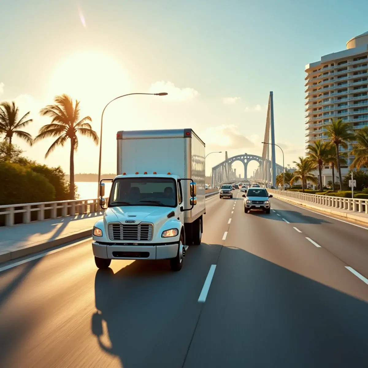 Moving truck crossing a bridge toward the oceanfront condo towers on the Pompano Beach barrier island