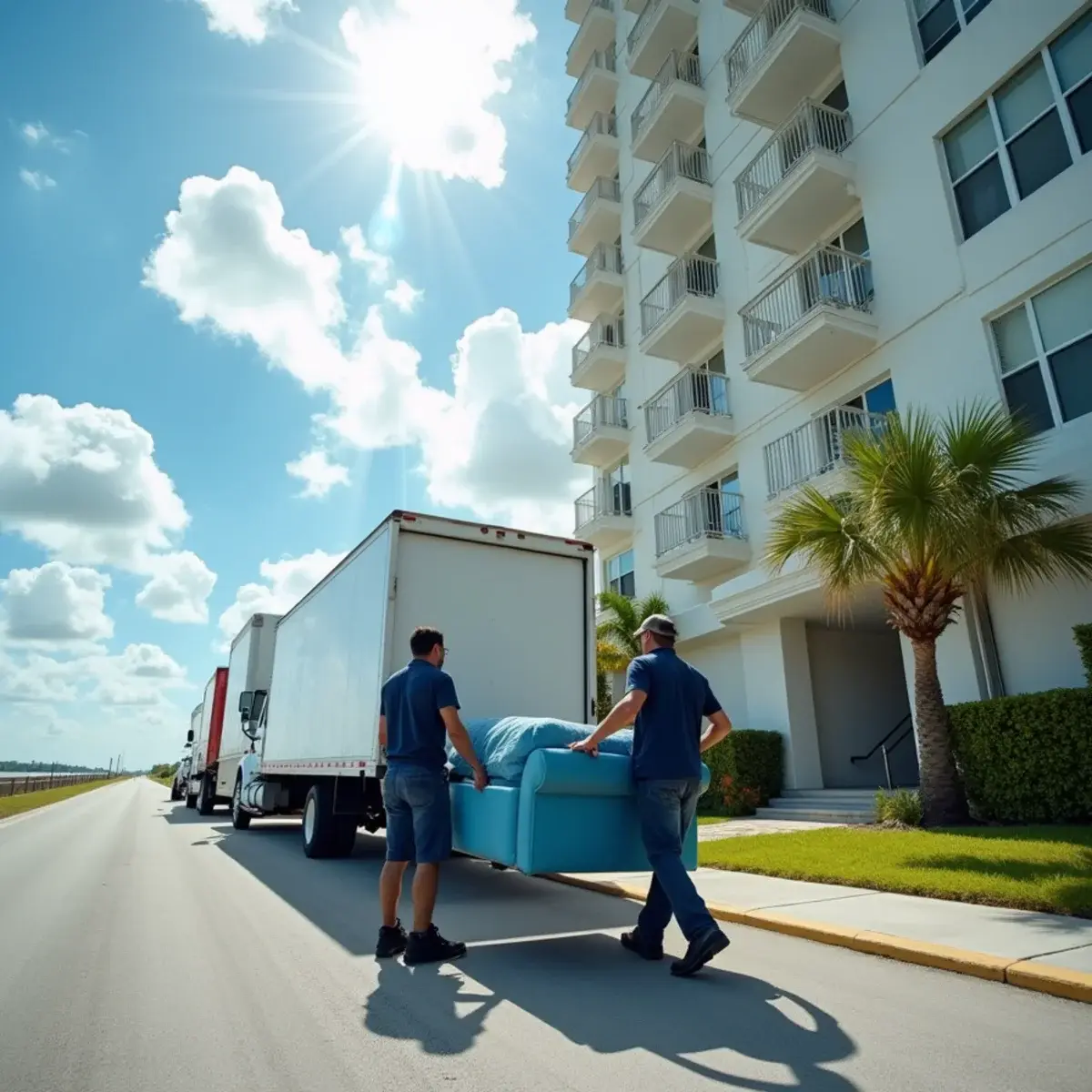 Two movers carrying a pad-wrapped armchair from an unbranded box truck to an oceanfront condo tower in Pompano Beach